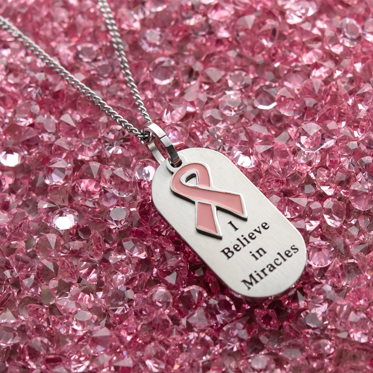 I Believe in Miracles Stainless Steel Dog Tag Necklace with Pink Ribbon Pendant - Inspirational Breast Cancer Awareness Jewelry Gift