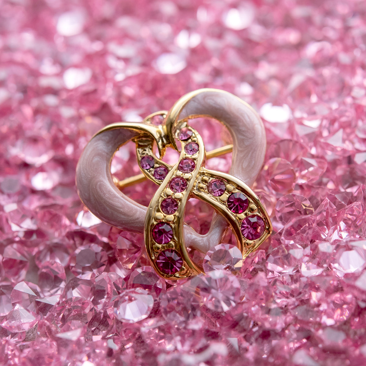 Gold Plated Enamel Heart Pin with Pink Crystal Awareness Ribbon