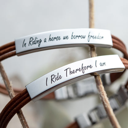 I Ride Therefore I Am Engraved Leather Horse Lover Bracelet