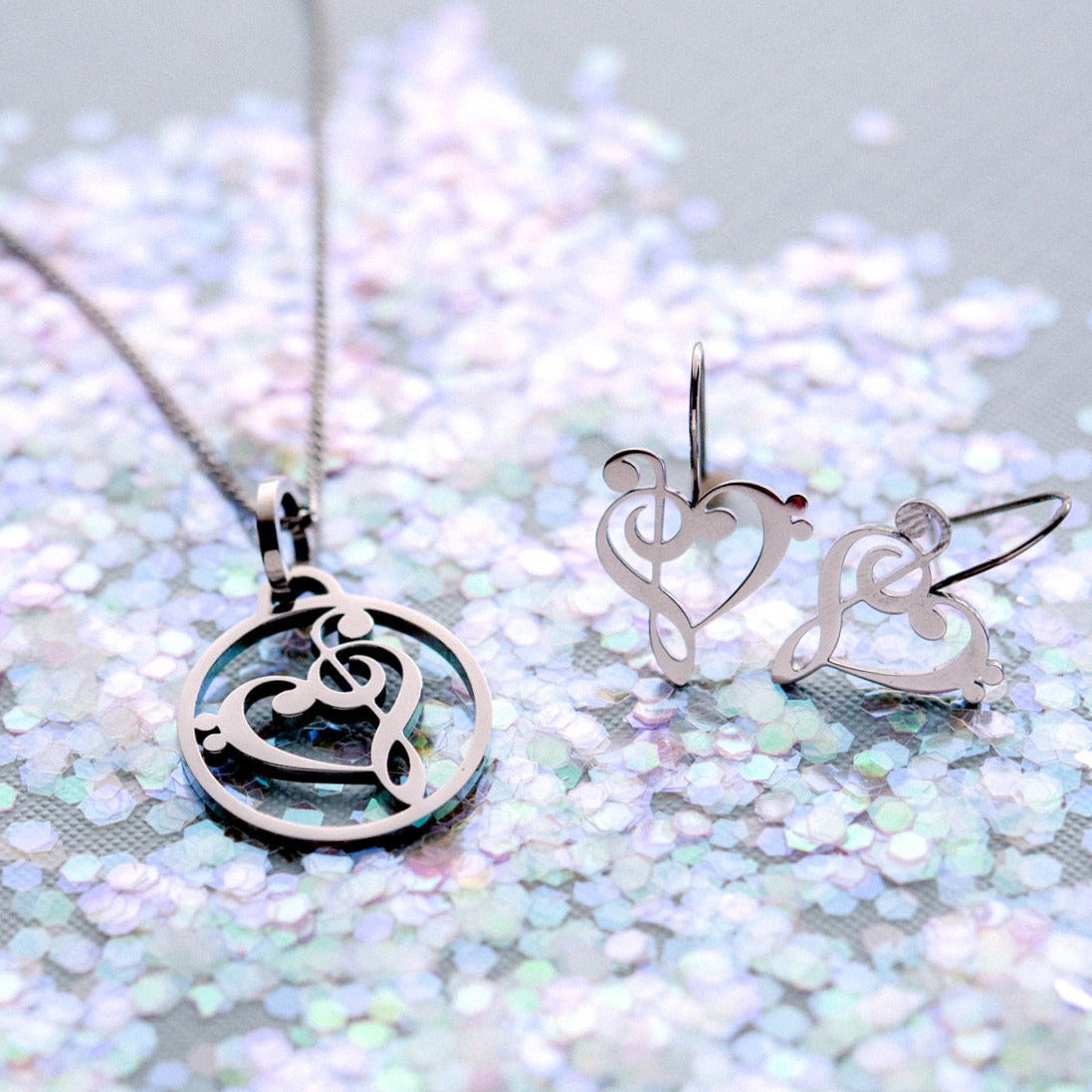 Musical Heart Treble and Bass Clef Dangle Earrings Stainless Steel