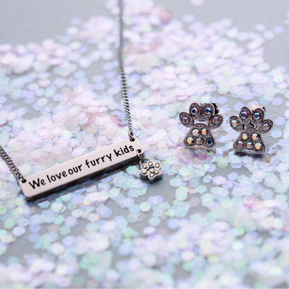 We Love Our Furry Kids Engraved Bar Pendant Necklace with Paw Print Charm