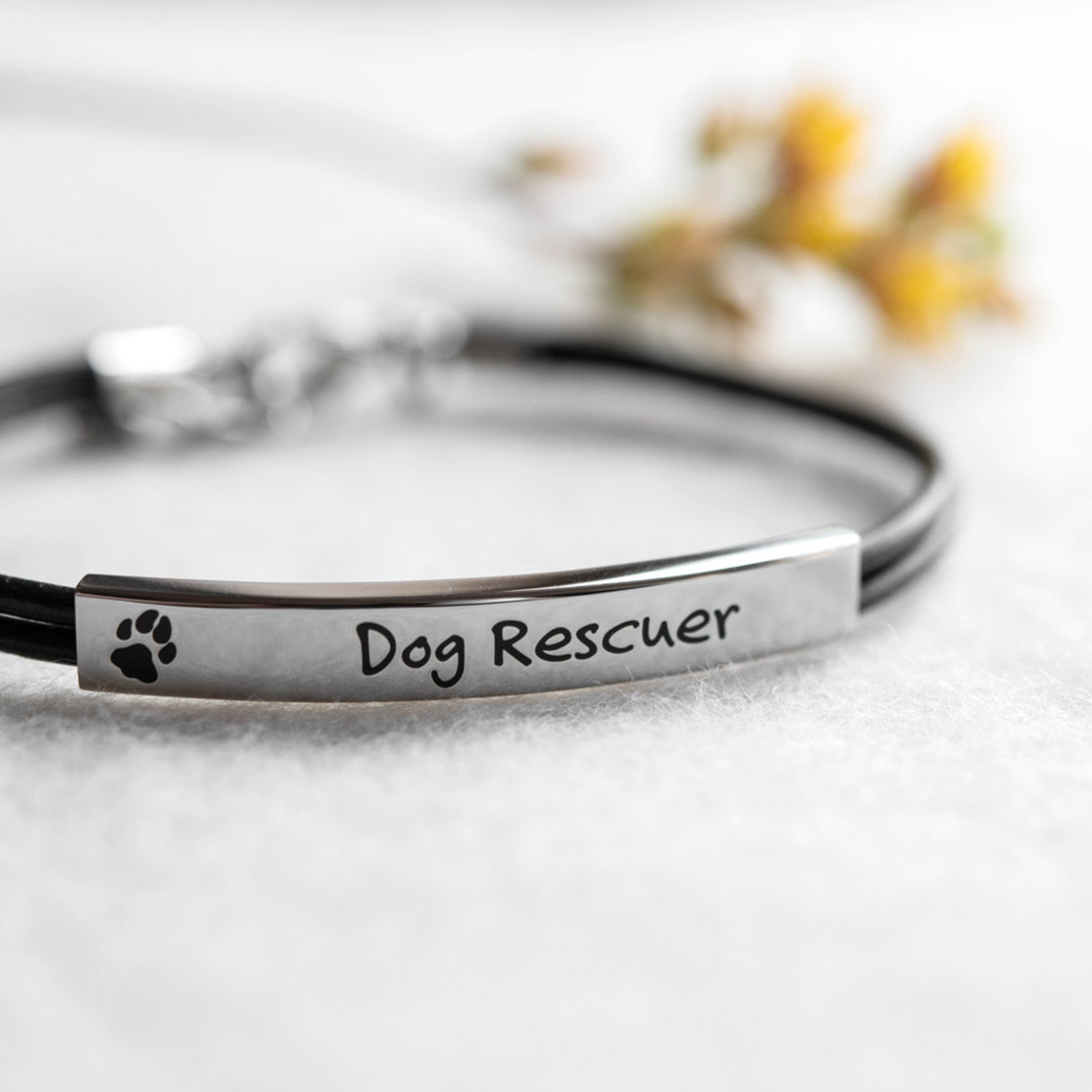 Leatherette Cord "Dog Rescuer" Bracelet with Paw Print Stainless Steel