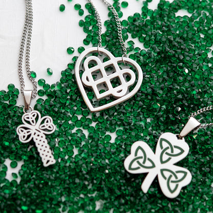 Celtic Trinity Knot Shamrock Pendant Necklace with Green Enamel Irish Stainless Steel Jewelry for Women or Men Perfect for St. Patrick's Day