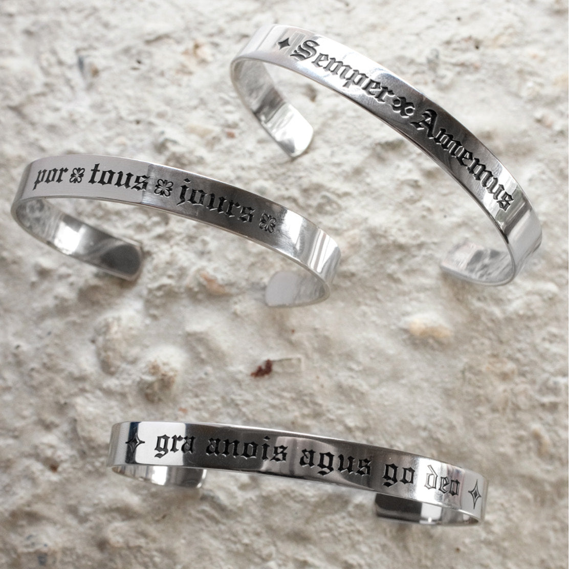 For All Days Quote on Inside  "Pour Tous Jours" French on Inside Cuff Bracelet - Perfect Anniversary or Wedding Gift Stainless Steel Jewelry for Women or Men