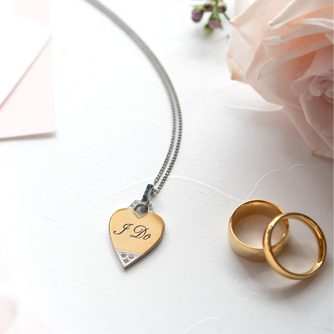 I Do Engraved Gold Plated Stainless Steel Heart Pendant Necklace with Cubic Zirconia