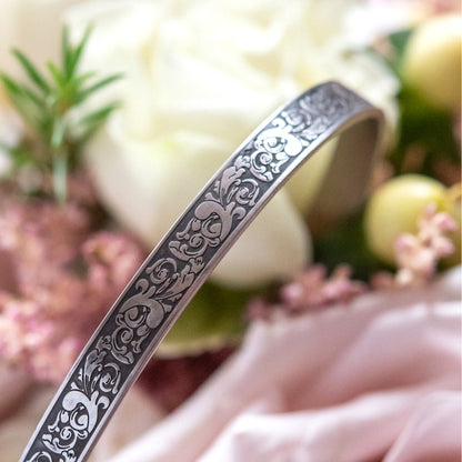 Floral Engraved Stainless Steel Cuff Bracelet for Maid of Honor - Wedding Gift from Bride