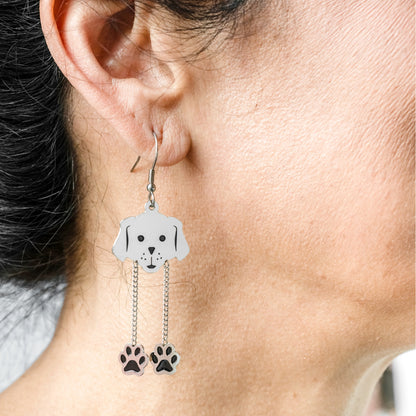 Adorable Dog Face with Dangling Paw Fish Hook Earrings - Steel Tone Animal Jewelry Gift for Dog Lovers