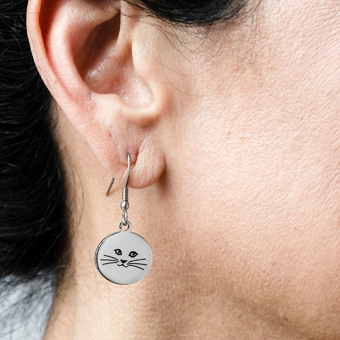 Stainless Steel Round Cat Face Dangle Earrings - Adorable Cat Lover Gift