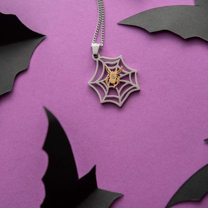 Spider Web Pendant Necklace with Gold Spider and Crystal Halloween Jewelry Stainless Steel Gift for Women Girls