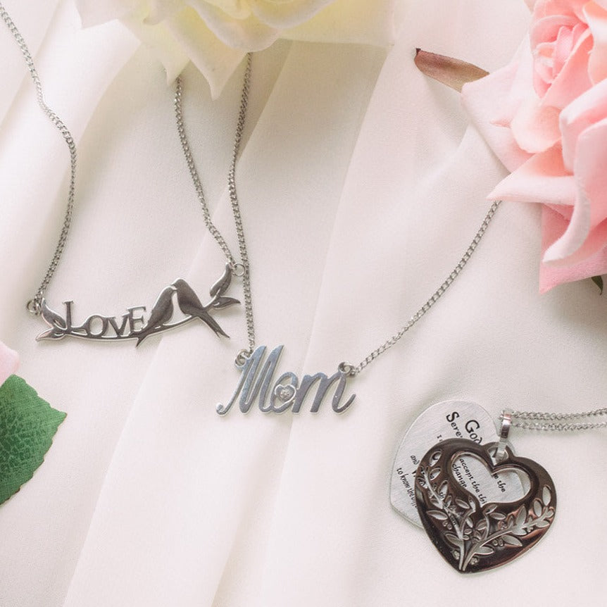 "Mom" Script Pendant Necklace with Cubic Zirconia Heart Stainless Steel Jewelry