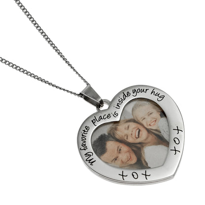 Personalized "My Favorite Place" Heart Photo Pendant Necklace in Stainless Steel