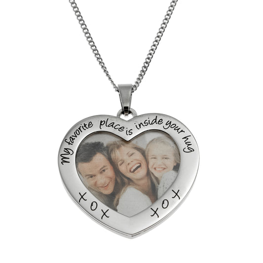 Personalized "My Favorite Place" Heart Photo Pendant Necklace in Stainless Steel