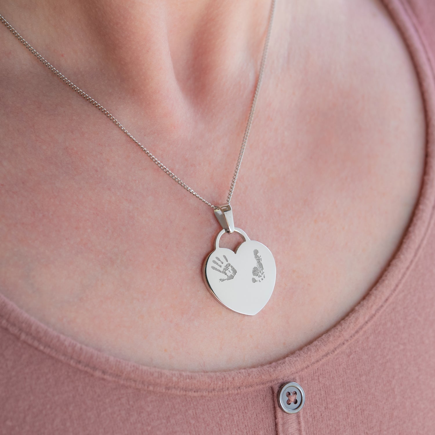 Stainless Steel Hand and Foot Print Heart Pendant Necklace - Sentimental Mother's Day or Birthday Gift for Mom