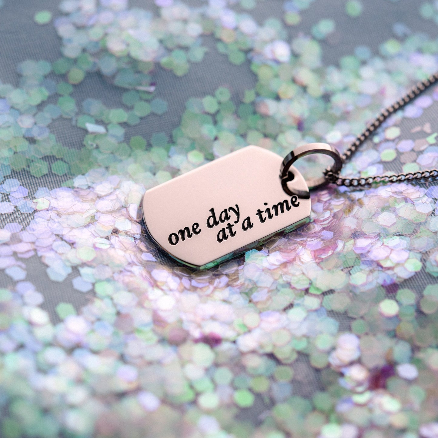 "One Day At A Time" Stainless Steel Dog Tag Pendant Necklace Inspirational Positive Quote Gift for Women or Men