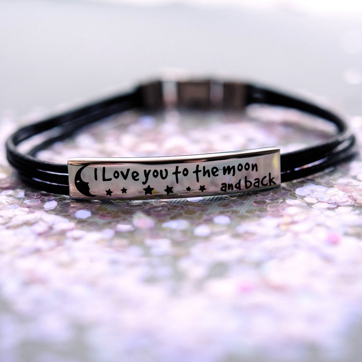 I Love You To The Moon And Back Engraved Black Leather Bracelet