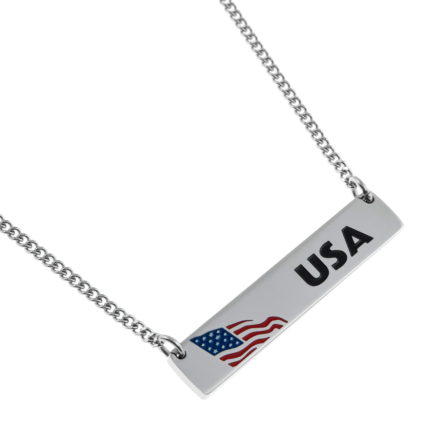 USA Flag Engraved Stainless Steel Bar Pendant Necklace