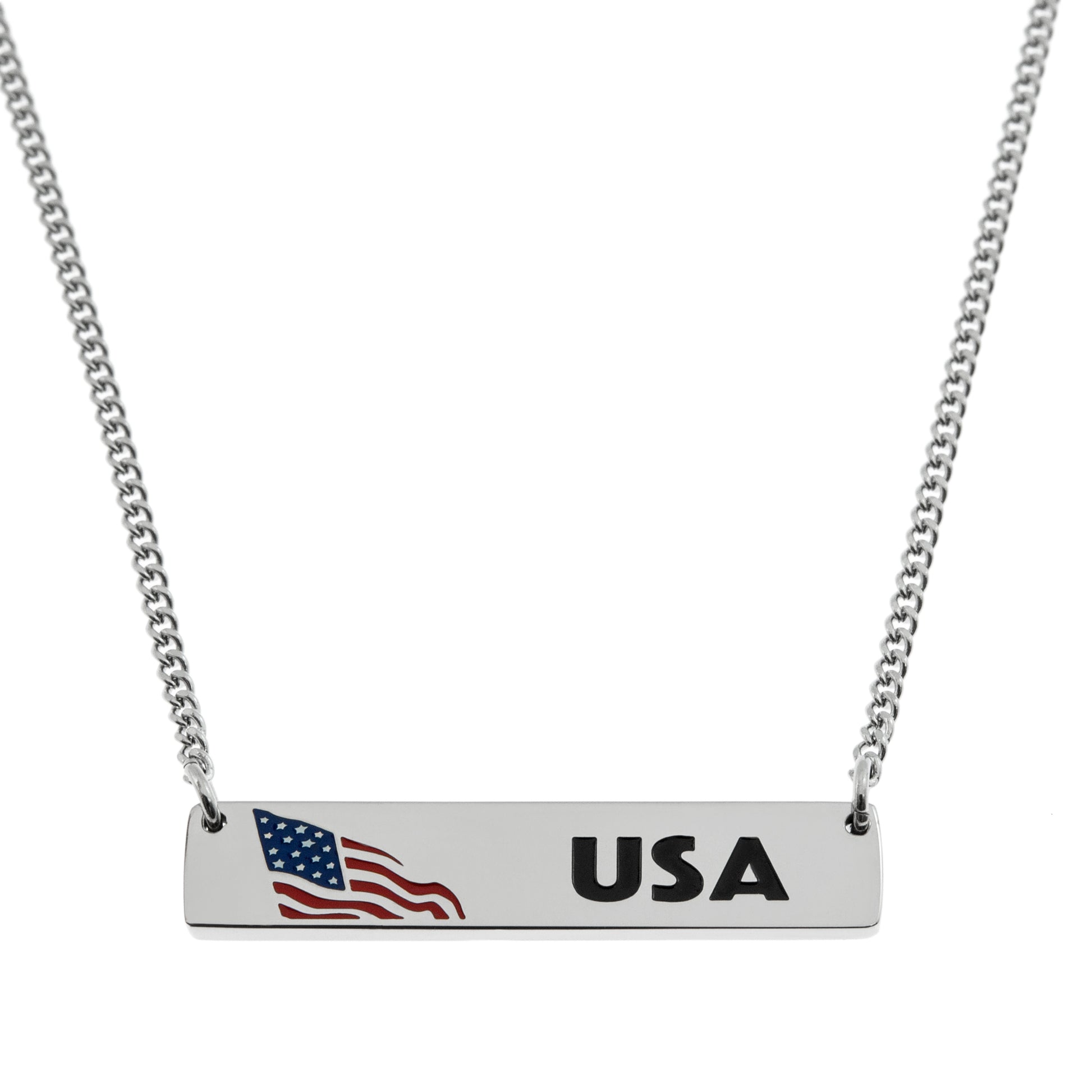 USA Flag Engraved Stainless Steel Bar Pendant Necklace