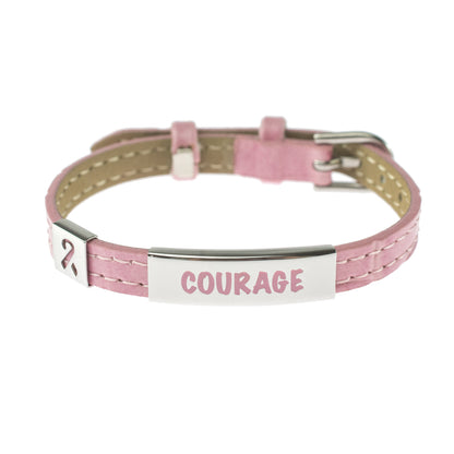 Pink Leather Courage Bracelet with Ribbon for Breast Cancer Awareness