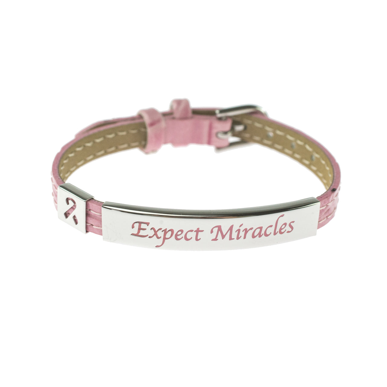 Pink Leather Strap Bracelet With "Expect Miracles" Engraved Plaque and Ribbon Charm