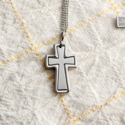 Brushed Stainless Steel Inlay Cross Pendant Necklace - Christian Religious Jewelry Gift