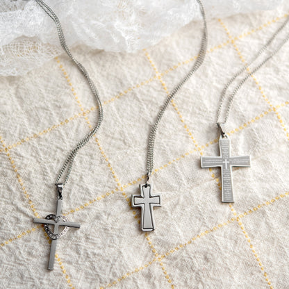 Stainless Steel Lord's Prayer Cross Pendant Necklace - Religious Jewelry Gift