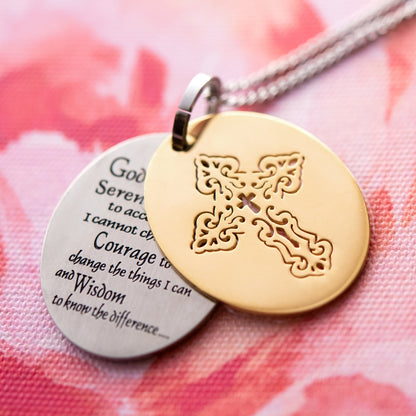 Etched Serenity Prayer Cross Pendant Necklace Stainless Steel