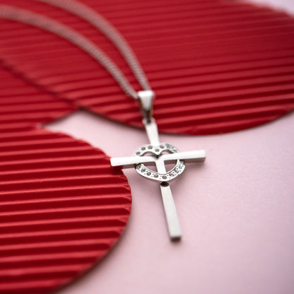 Stainless Steel Heart Cross Pendant Necklace with Crystals