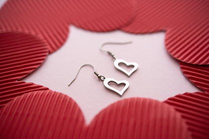 Stainless Steel Open Heart Dangle Fish Hook Earrings - Cute Love Jewelry Gift for Her