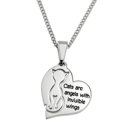 Stainless Steel Heart Cat Angel Pendant Necklace - Engraved Cat Lover Jewelry Gift