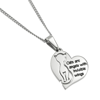 Stainless Steel Heart Cat Angel Pendant Necklace - Engraved Cat Lover Jewelry Gift