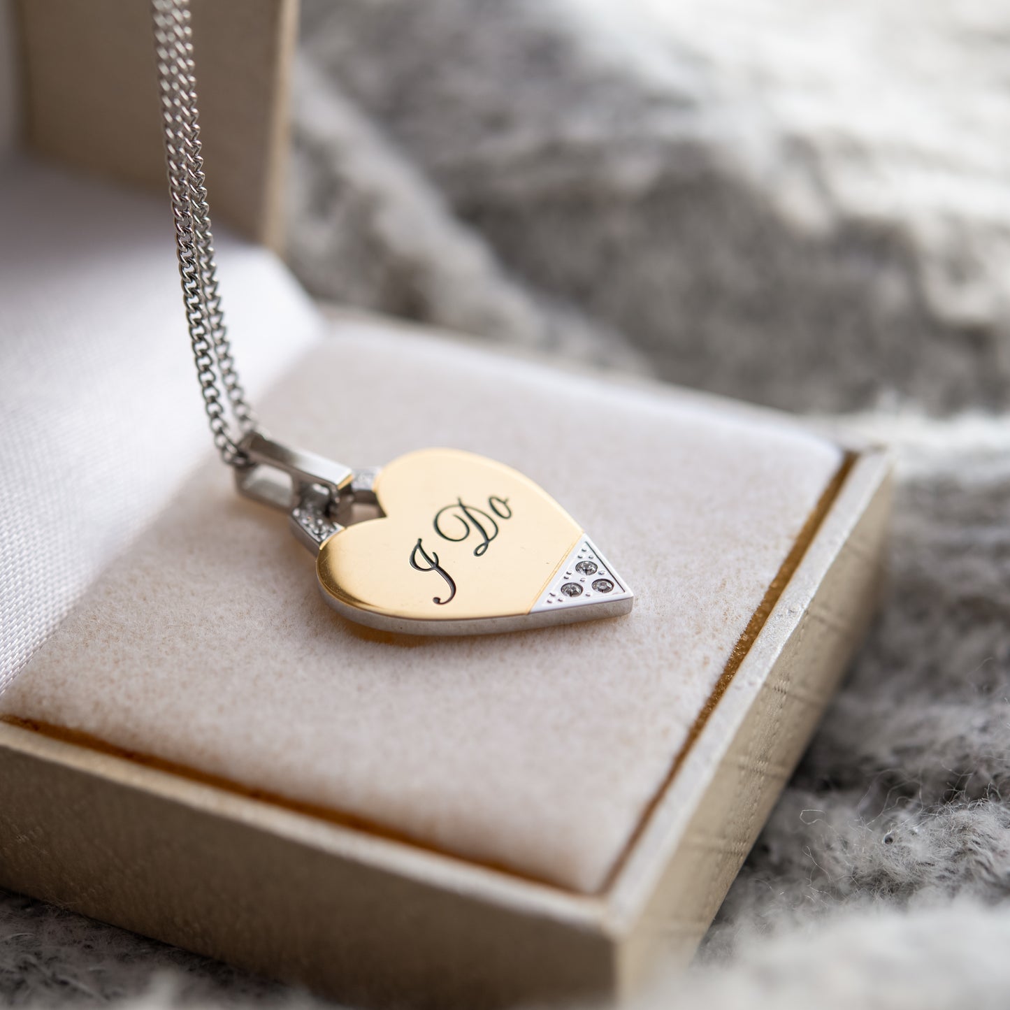I Do Engraved Gold Plated Stainless Steel Heart Pendant Necklace with Cubic Zirconia