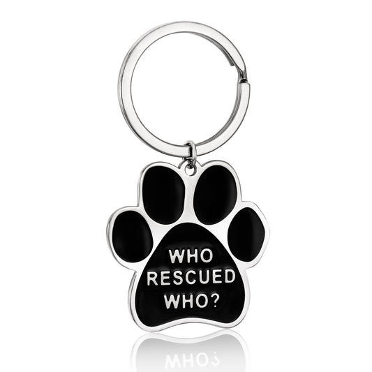 Who Rescued Who Paw Print Stainless Steel Pet Rescue Keyring