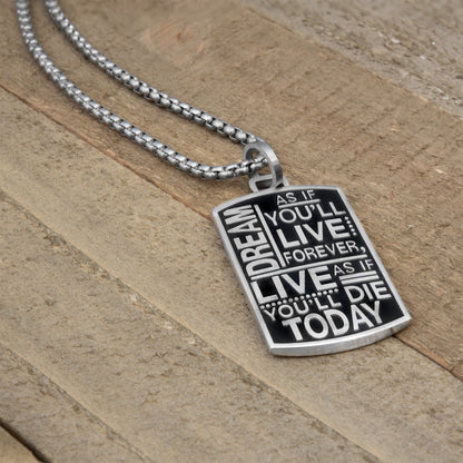 Inspirational "Dream Live" Engraved Stainless Steel Mini Dog Tag Pendant Necklace