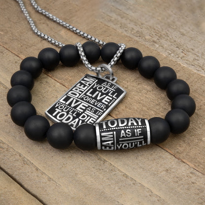 Genuine Black Onyx Inspirational "Dream Live" Stretch Bracelet for Men and Women