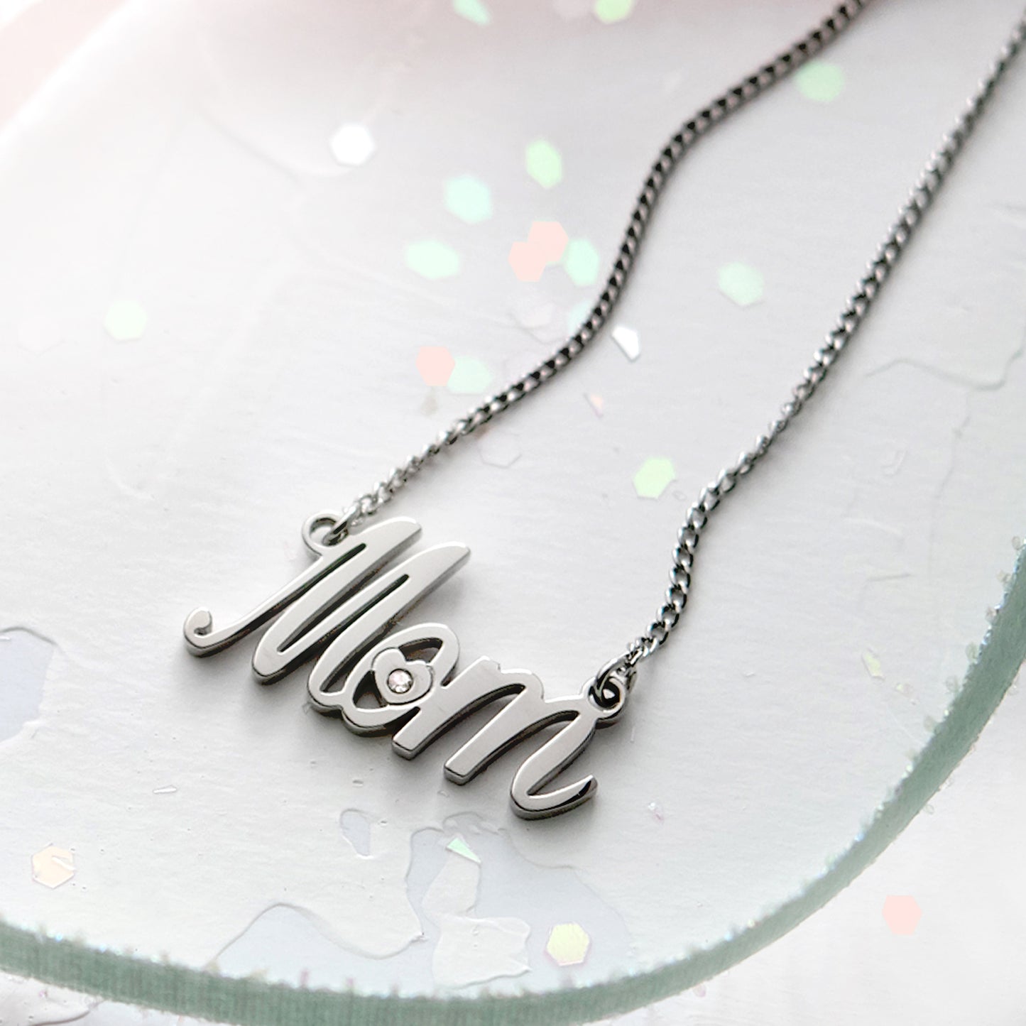 "Mom" Script Pendant Necklace with Cubic Zirconia Heart Stainless Steel Jewelry