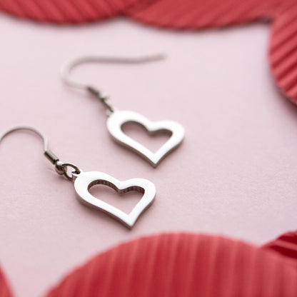 Stainless Steel Open Heart Dangle Fish Hook Earrings - Cute Love Jewelry Gift for Her