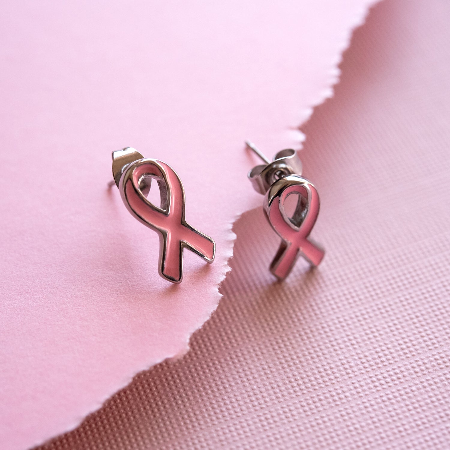 Steel Tone Pink Epoxy Breast Cancer Awareness Ribbon Earrings