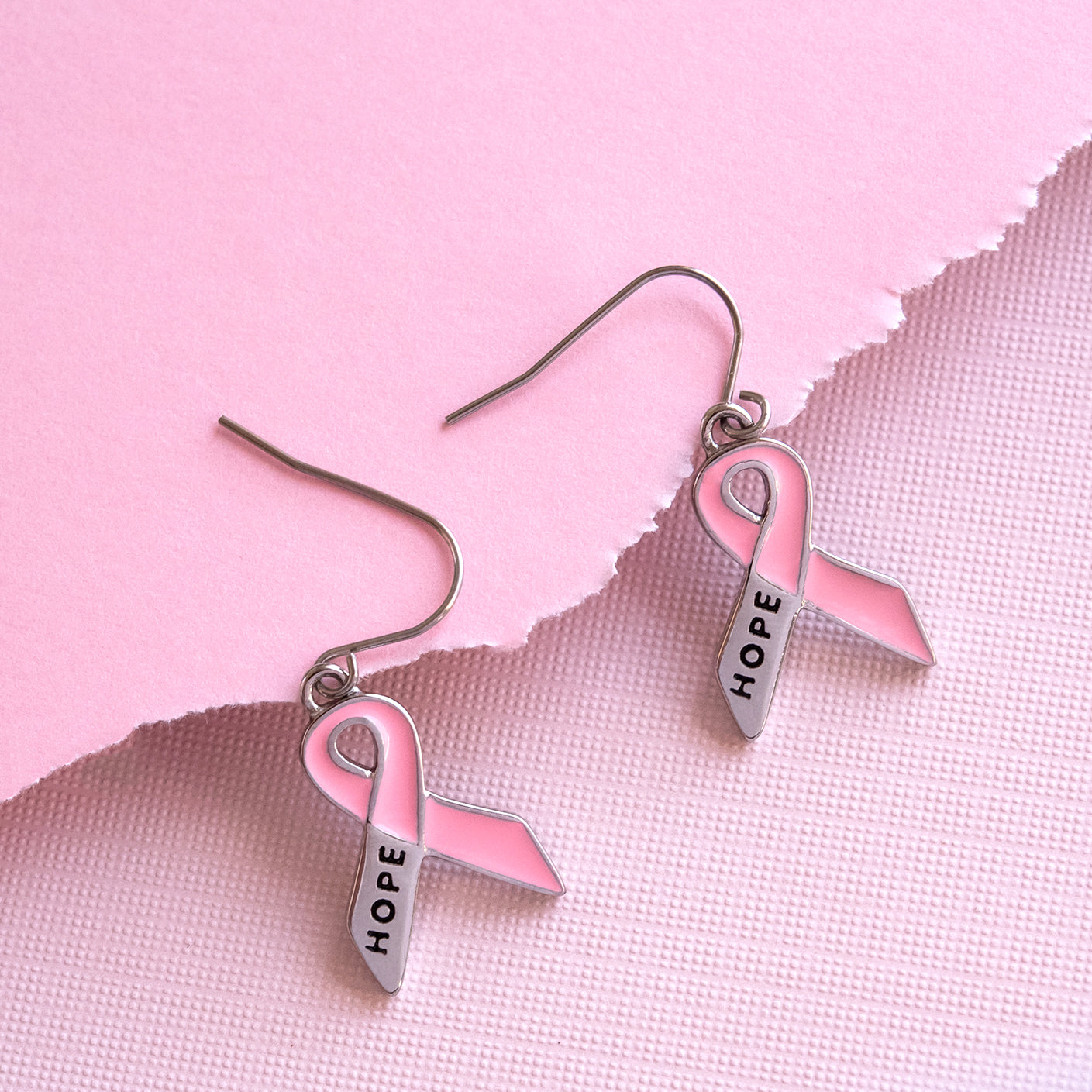 Steel Tone Pink Ribbon "Hope" Breast Cancer Awareness Dangle Earrings