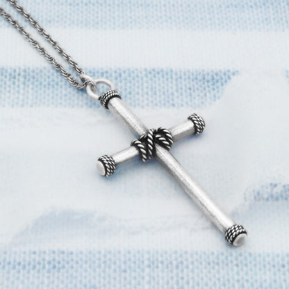 Antique Stainless Steel Rope Detail Cross Pendant Necklace for Men or Women