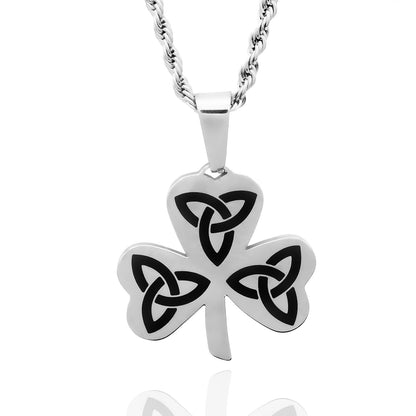 Celtic Trinity Knot Shamrock Pendant Necklace with Black Enamel Irish Stainless Steel Jewelry for Women or Men Perfect for St. Patrick's Day