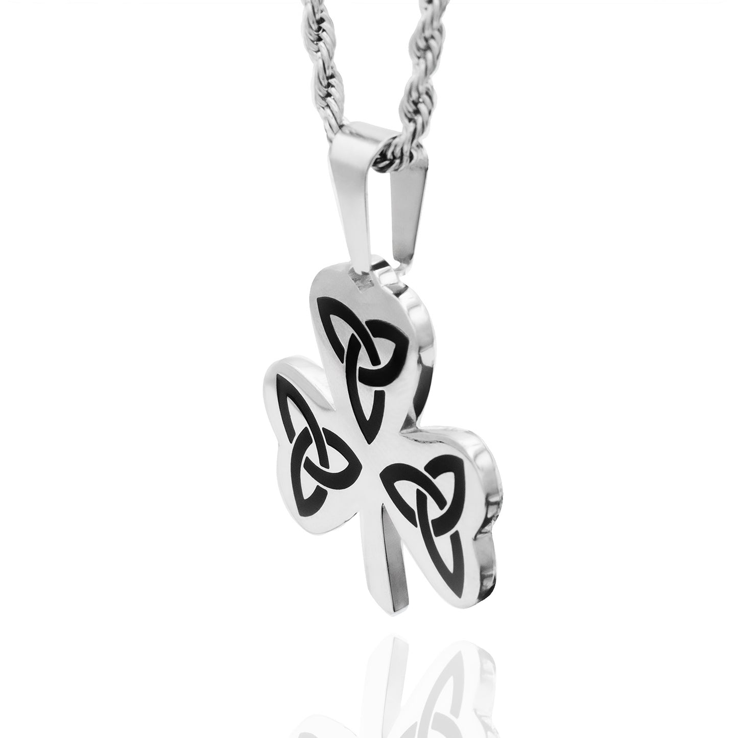 Celtic Trinity Knot Shamrock Pendant Necklace with Black Enamel Irish Stainless Steel Jewelry for Women or Men Perfect for St. Patrick's Day