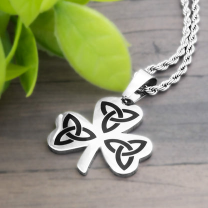 Celtic Trinity Knot Shamrock Pendant Necklace with Black Enamel Irish Stainless Steel Jewelry for Women or Men Perfect for St. Patrick's Day