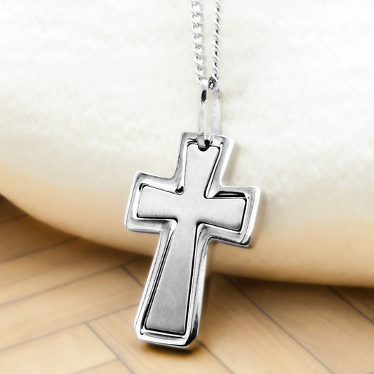 Brushed Stainless Steel Inlay Cross Pendant Necklace - Christian Religious Jewelry Gift