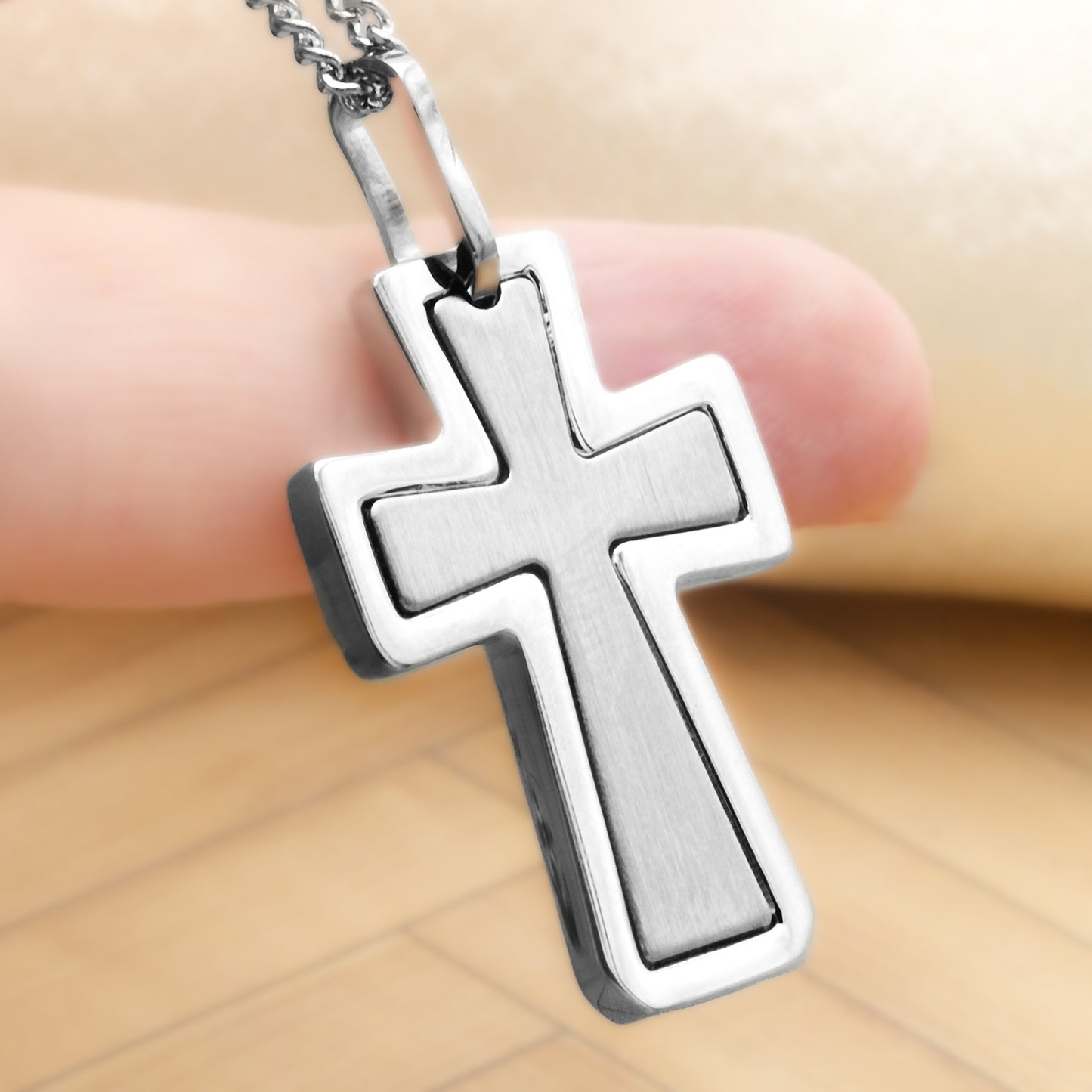 Brushed Stainless Steel Inlay Cross Pendant Necklace - Christian Religious Jewelry Gift