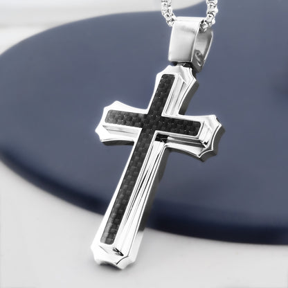 Men's Stainless Steel Cross Pendant Necklace with Carbon Fiber Inlay - Religious Christian Cross Jewelry Gift for Him