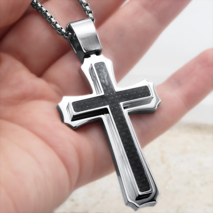 Men's Stainless Steel Cross Pendant Necklace with Carbon Fiber Inlay - Religious Christian Cross Jewelry Gift for Him