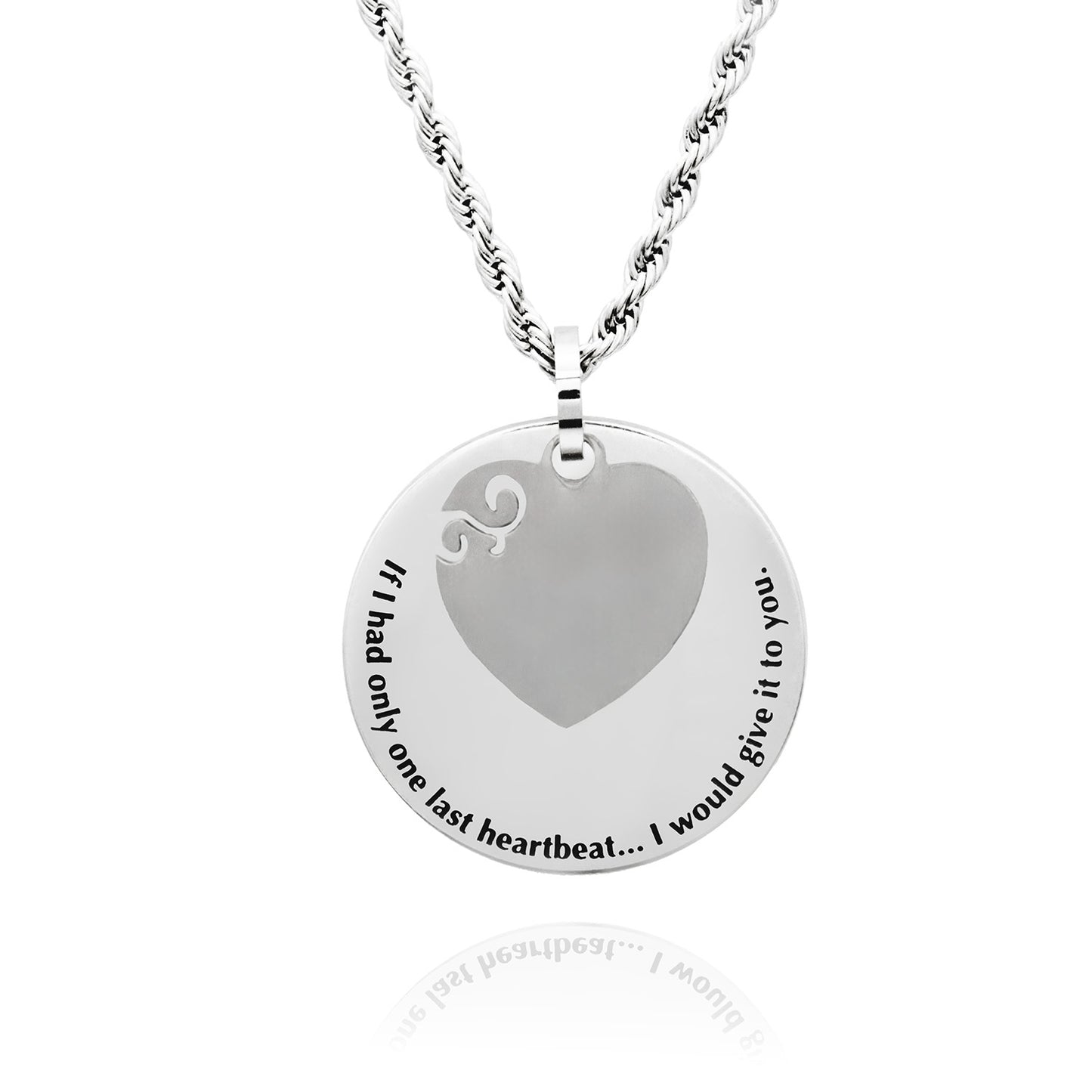 Round Engraved Pendant Necklace with Heart Charm Engraved with Message - Personalize with Engraved Message on Back