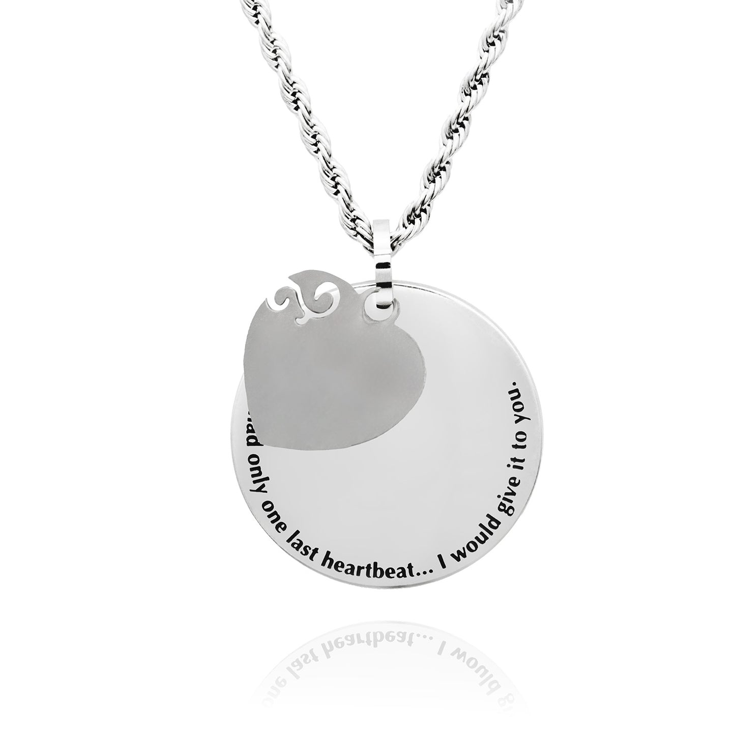 Round Engraved Pendant Necklace with Heart Charm Engraved with Message - Personalize with Engraved Message on Back