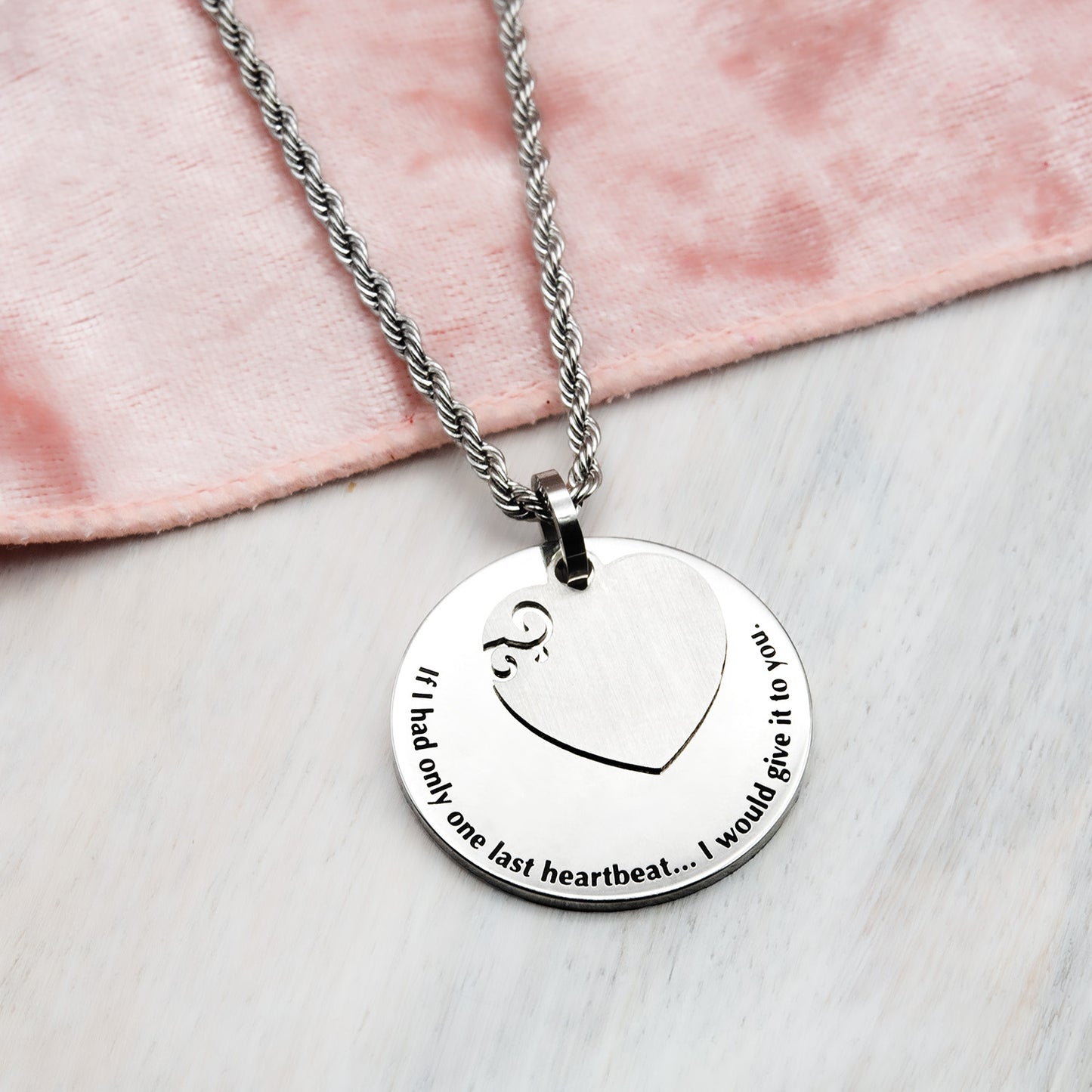 Round Engraved Pendant Necklace with Heart Charm Engraved with Message - Personalize with Engraved Message on Back