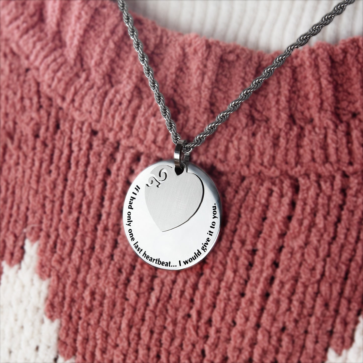 Round Engraved Pendant Necklace with Heart Charm Engraved with Message - Personalize with Engraved Message on Back